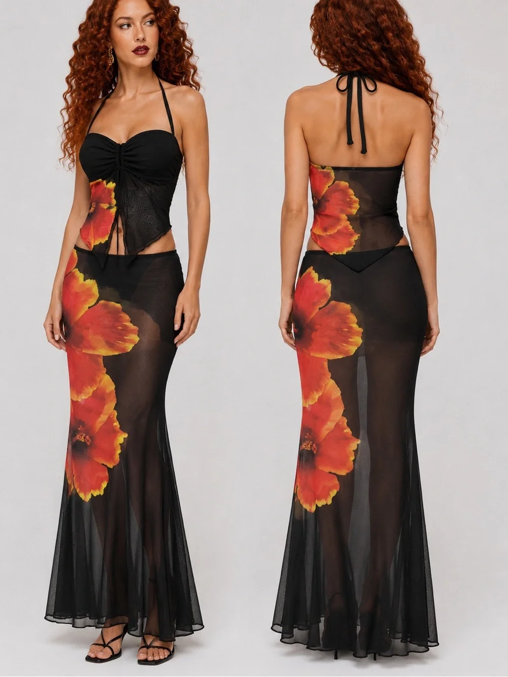 Boutique NWT 3-Piece Black Floral Mesh Tankini  Set Cover-Up Skirt S